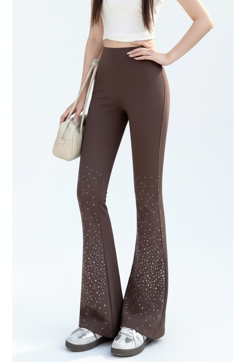 Brown Rhinestone Flare Pants