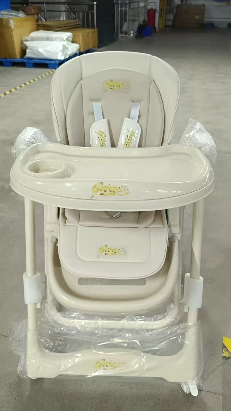 GOBEZ 5-in-1 electric baby high chair in beige with GOBEZ logo on the tray, seat and harness pads