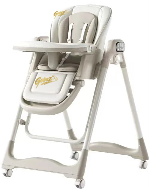 GOBEZ 5-in-1 electric baby high chair in light grey with gold GOBEZ logo