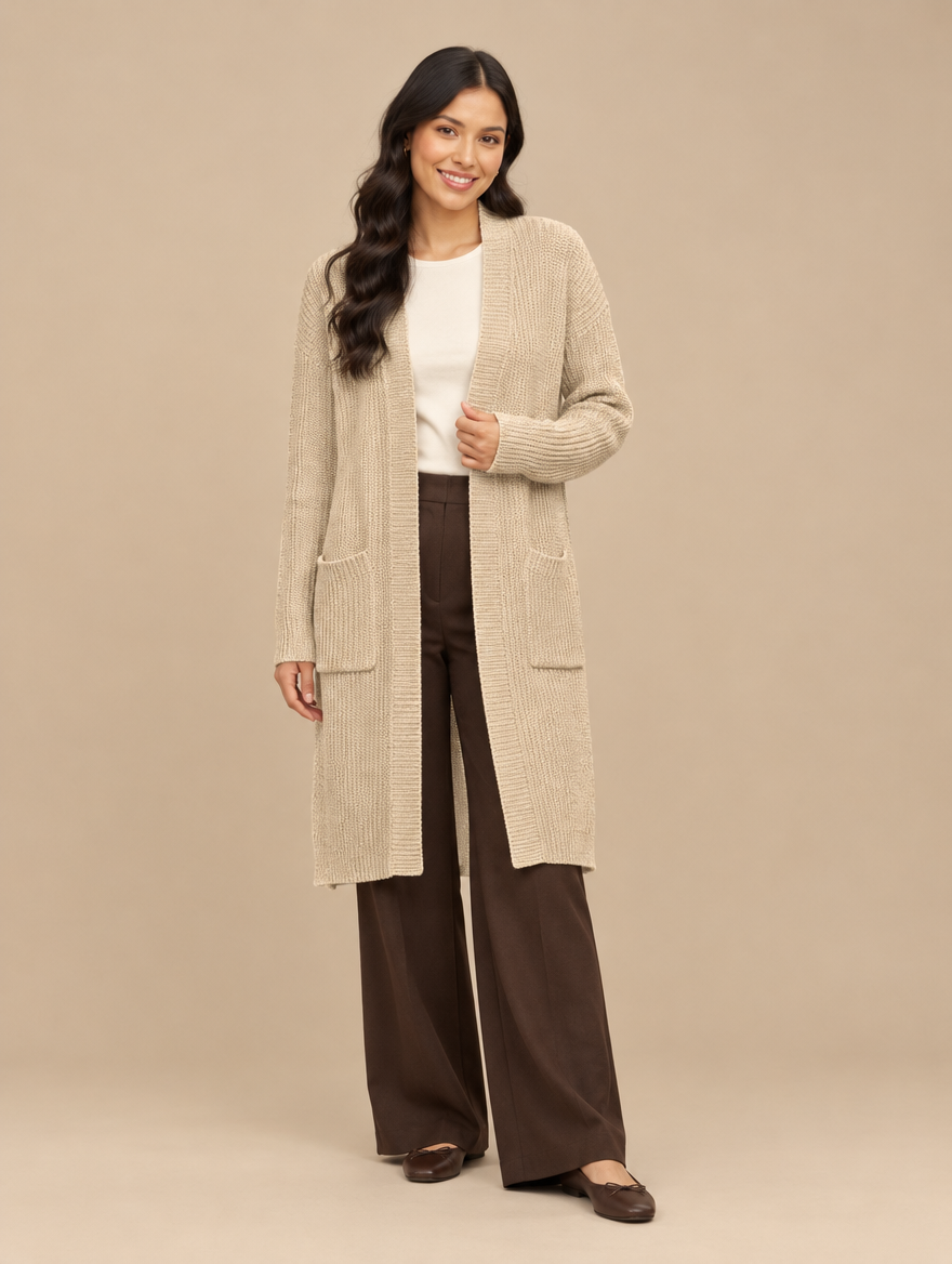 Long knit open-front cardigan in beige with patch pockets