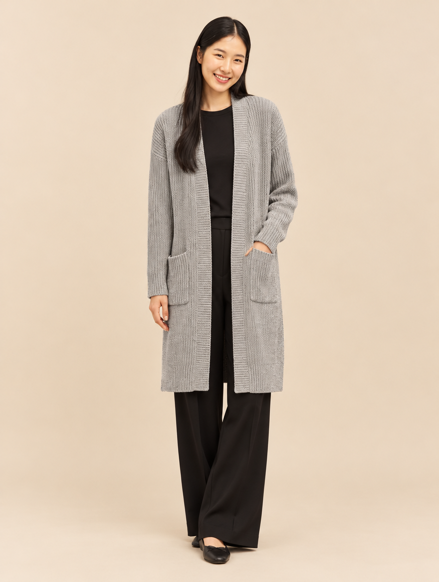 Long knit open-front cardigan in silver grey with patch pockets