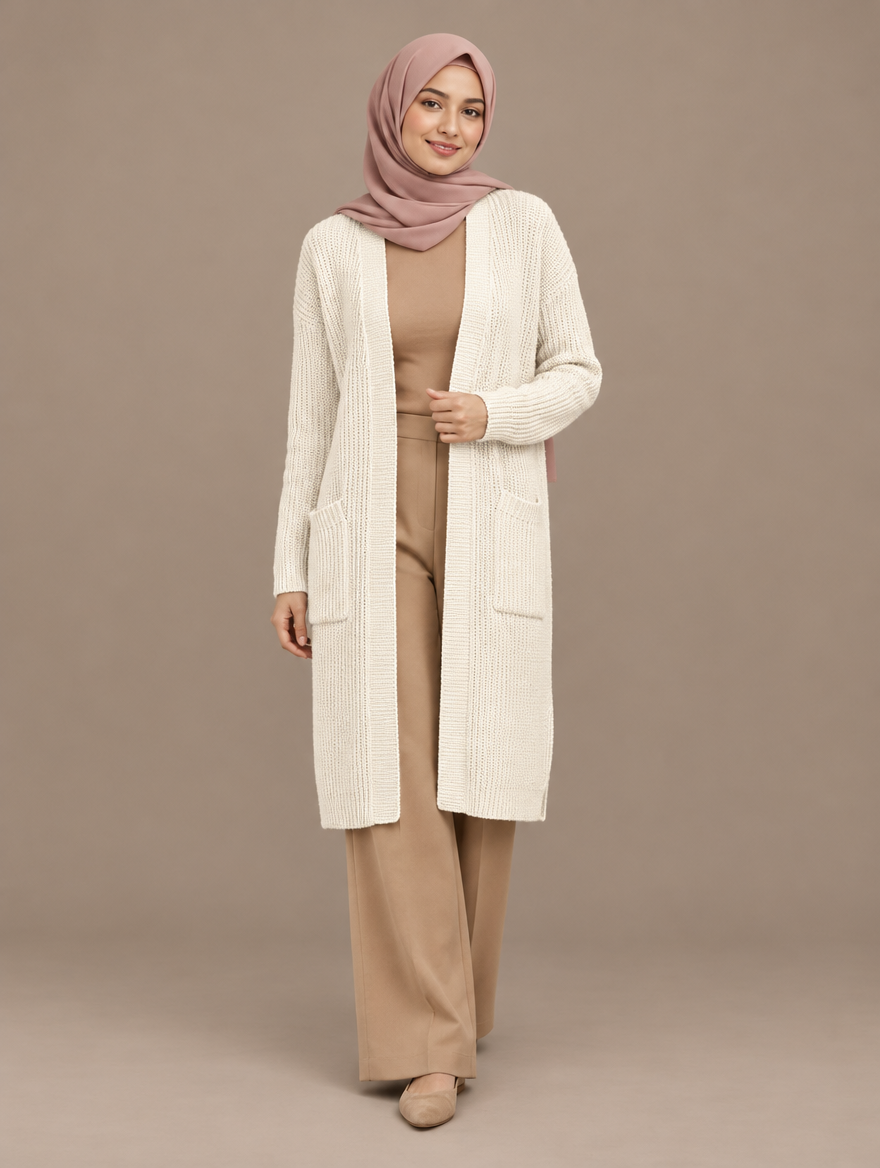 Long knit open-front cardigan in ivory white with patch pockets