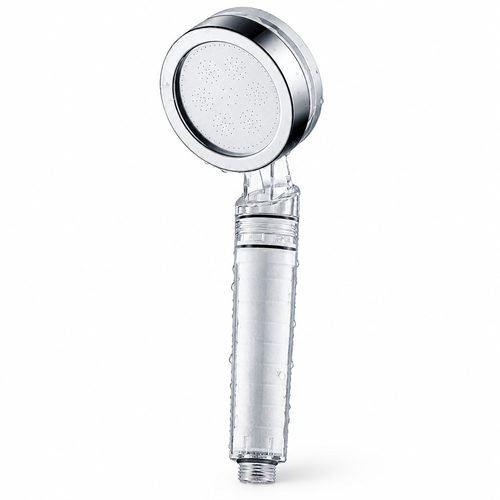 Filtered shower head with chrome round head and clear filter handle