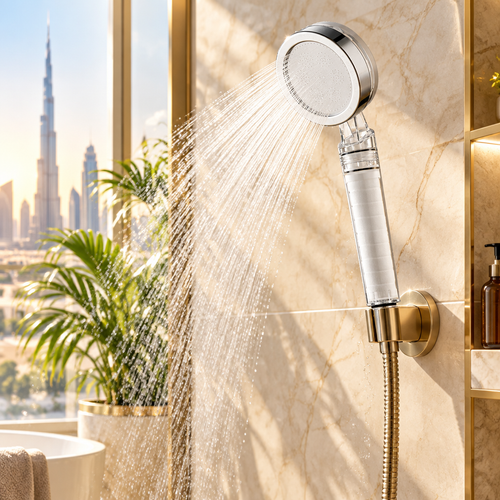 Filtered shower head spraying water in a bathroom (lifestyle image; shower hose and wall holder not included)