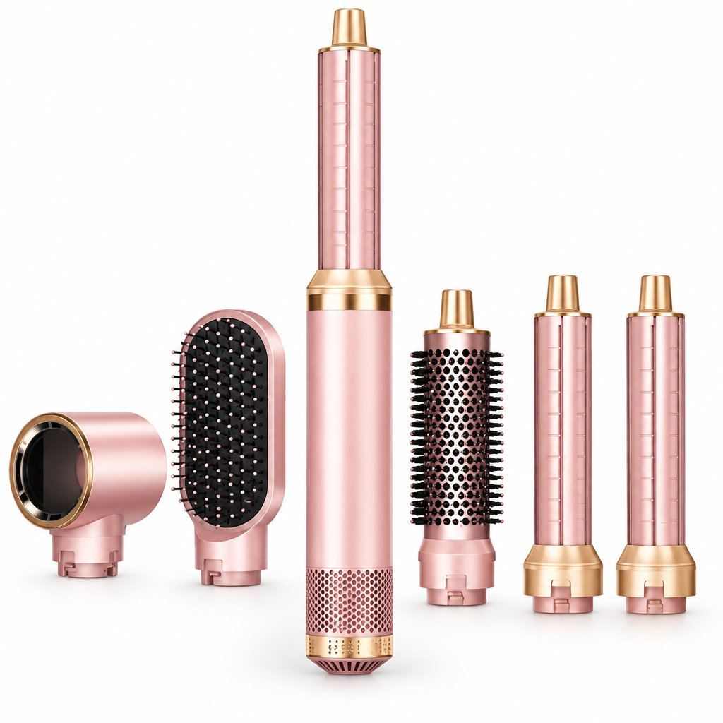 5-in-1 hot air styler and hair dryer brush set in blush pink with auto-curl barrels, volume brush, smoothing brush and dryer nozzle