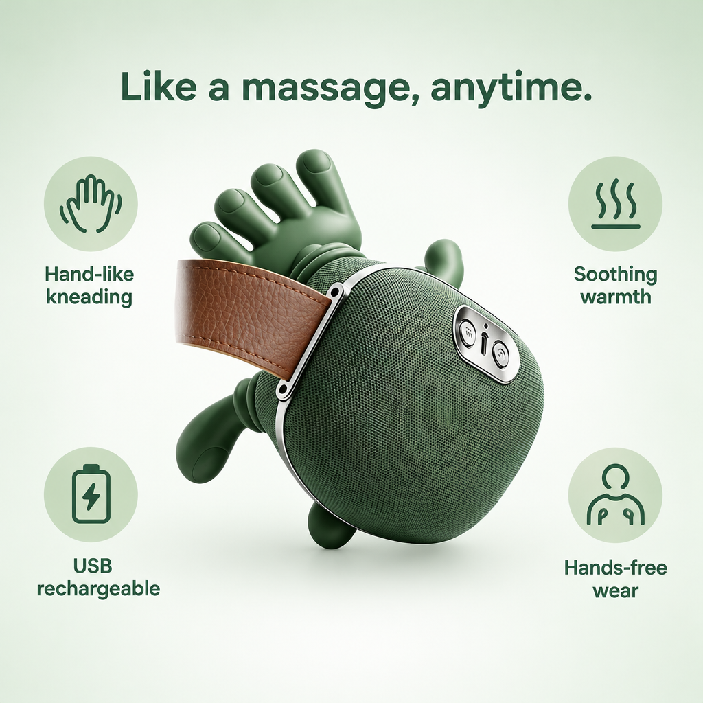 Neck massager features: hand-like kneading, soothing warmth, USB rechargeable, hands-free wear