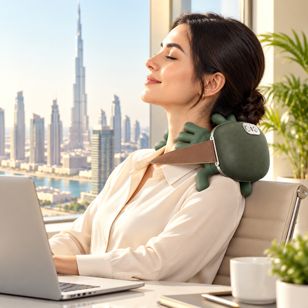 Woman relaxing at her Dubai office desk wearing the hands-free neck and shoulder kneading massager