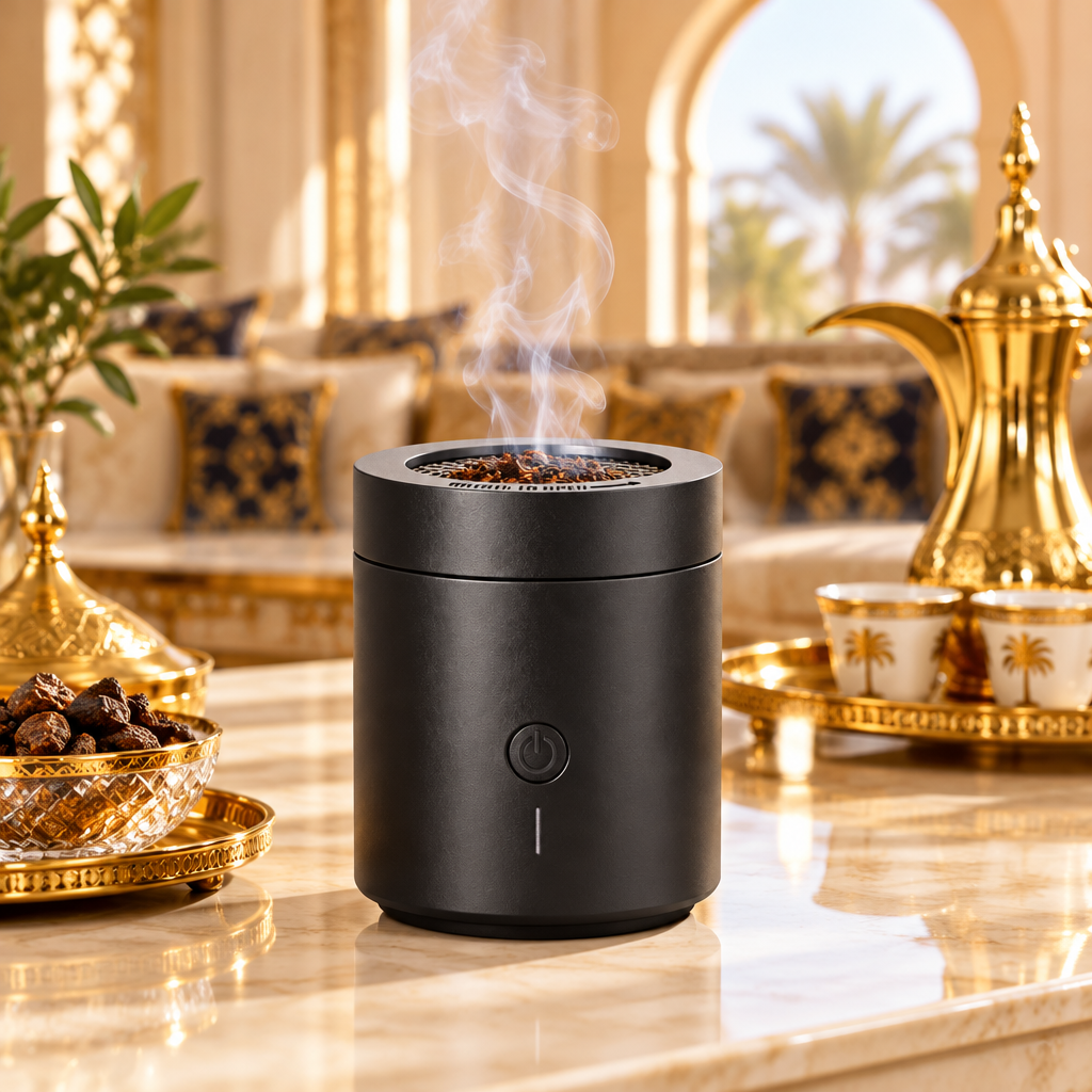 Electric bakhoor burner scenting an elegant Emirati majlis with gold dallah