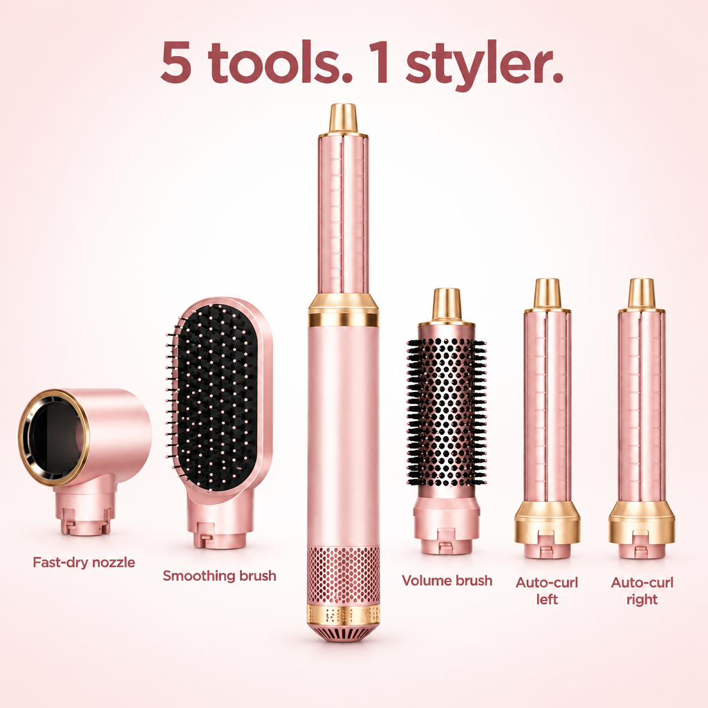 5 tools in 1 styler: auto-curl left, auto-curl right, volume brush, smoothing brush, fast-dry nozzle
