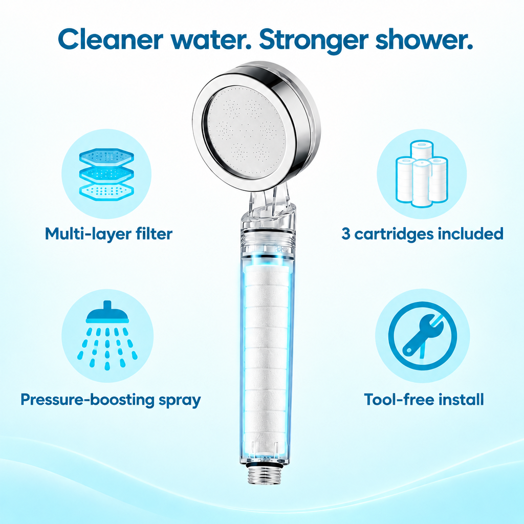 Multi-layer shower filter cartridge for the high pressure filtered shower head