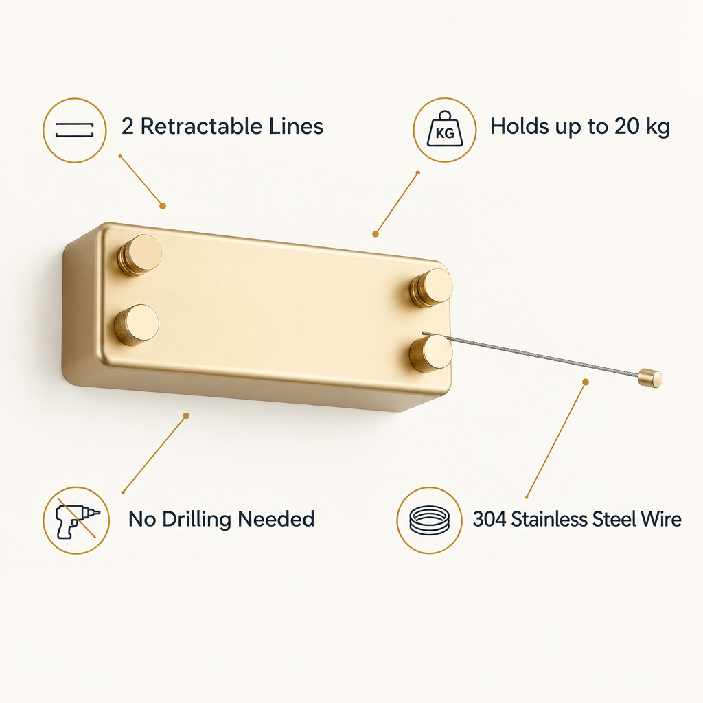 GOBEZ clothesline features: 2 retractable lines, holds up to 20 kg, no drilling, 304 stainless steel wire