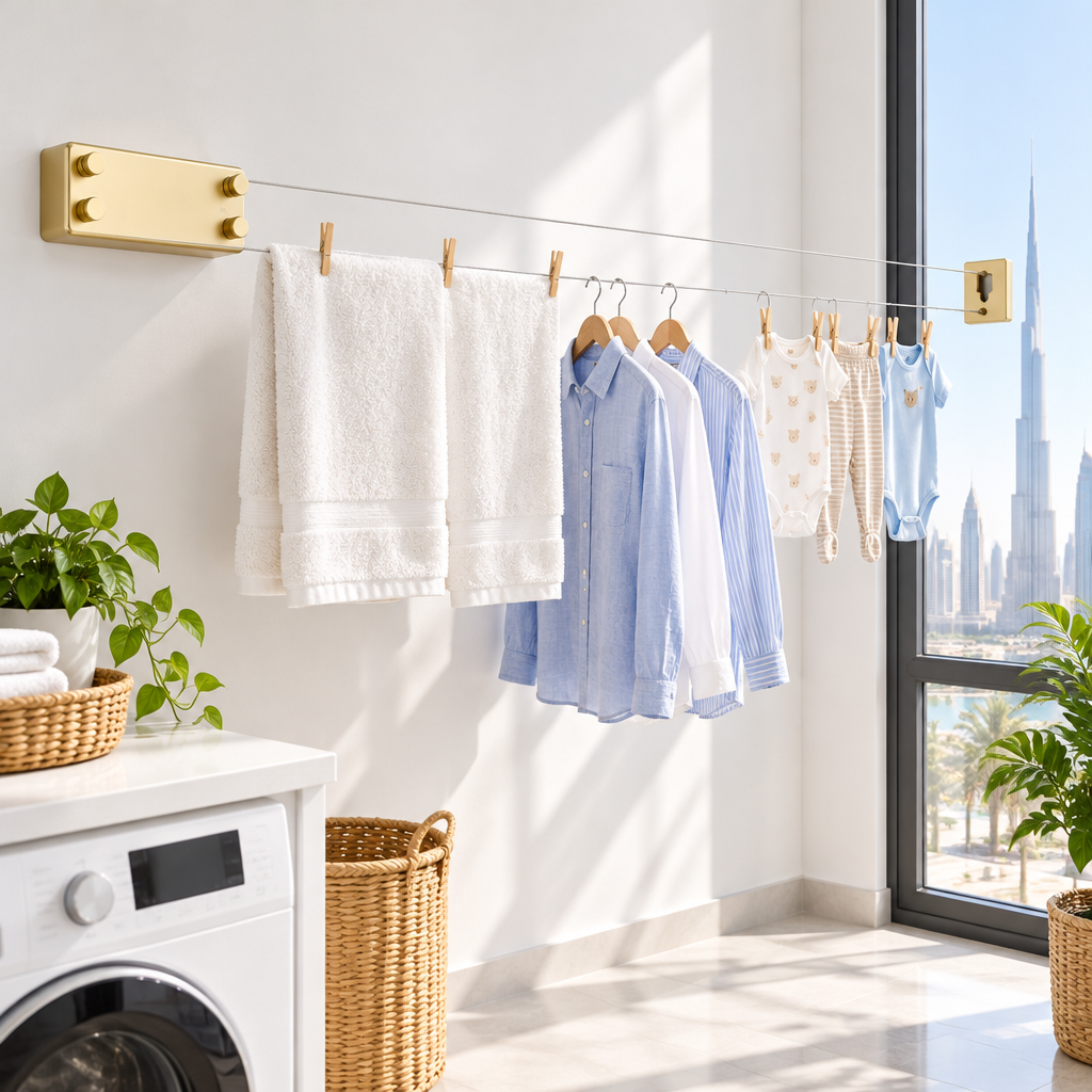 GOBEZ retractable clothesline in a laundry room