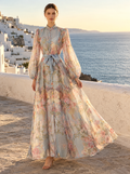 Celeste Satin-Bow Floral Maxi Dress – Dove Grey