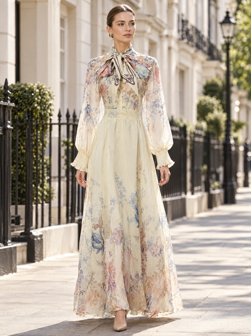 Aurelia Tie-Neck Floral Maxi Dress – Ivory Ink Bloom