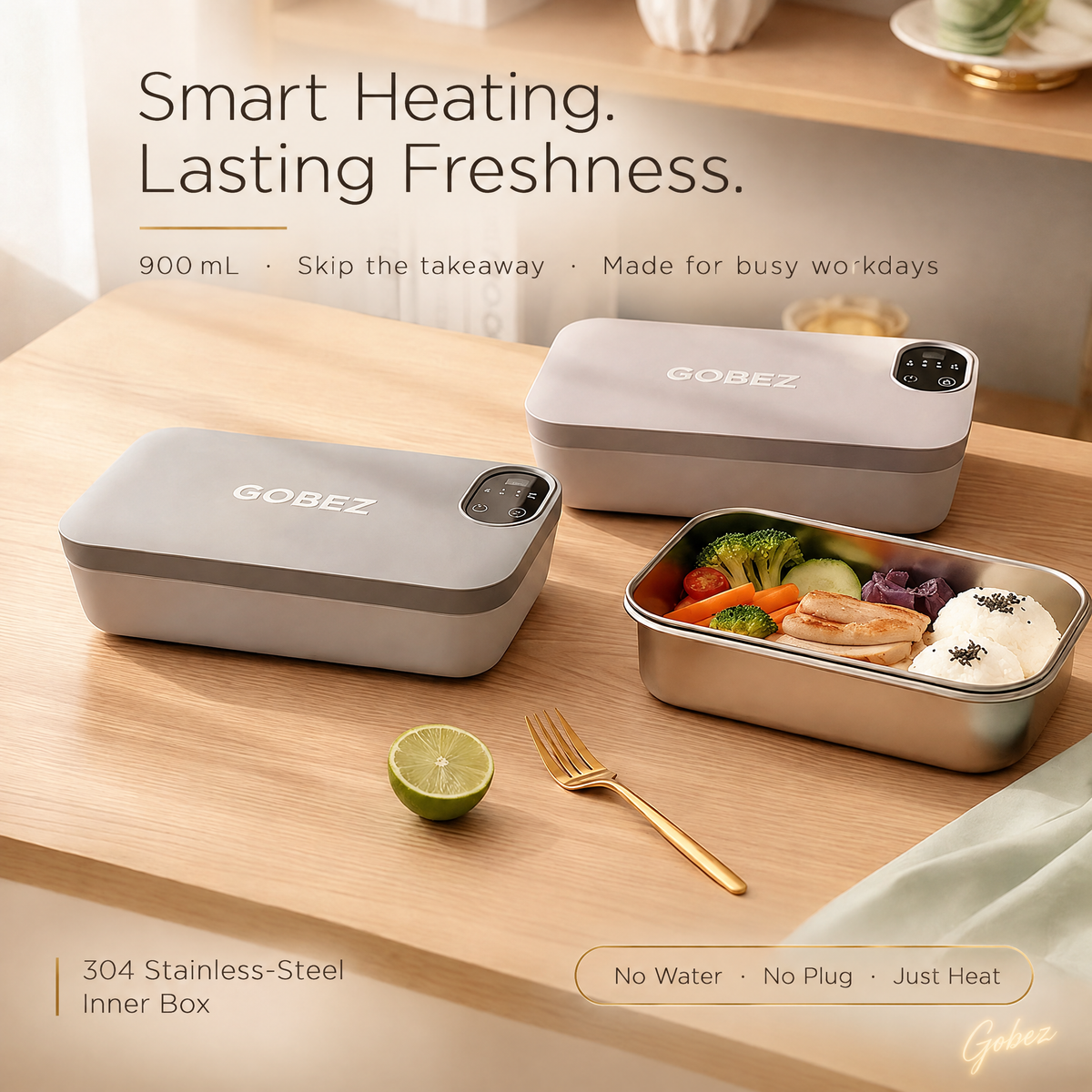 Gobez cordless heated lunch box – rechargeable electric lunch box and food warmer, 900 mL, 304 stainless steel