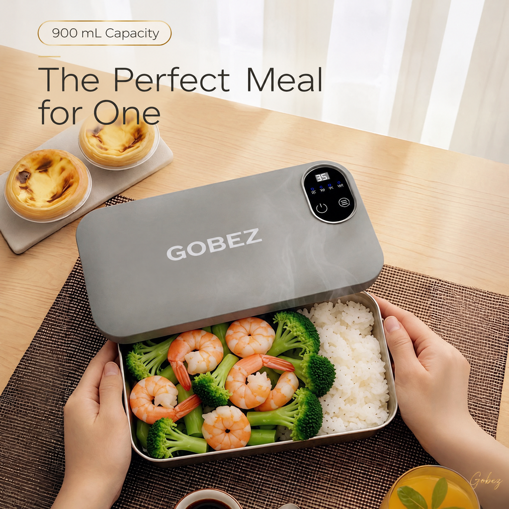 Gobez 900 mL electric lunch box with shrimp, rice and broccoli – the perfect meal for one