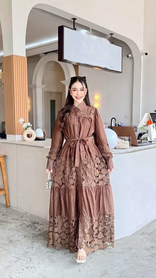 Model wearing the brown lace floral button-front maxi dress