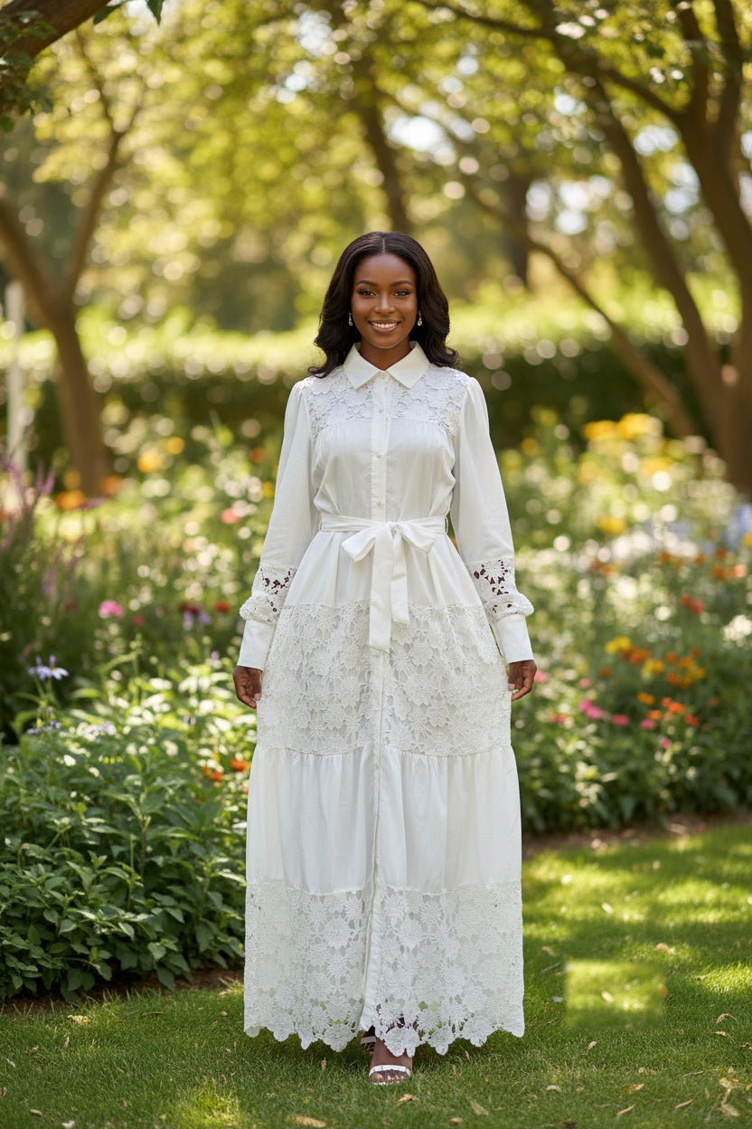 Model wearing the white lace floral maxi dress with waist tie