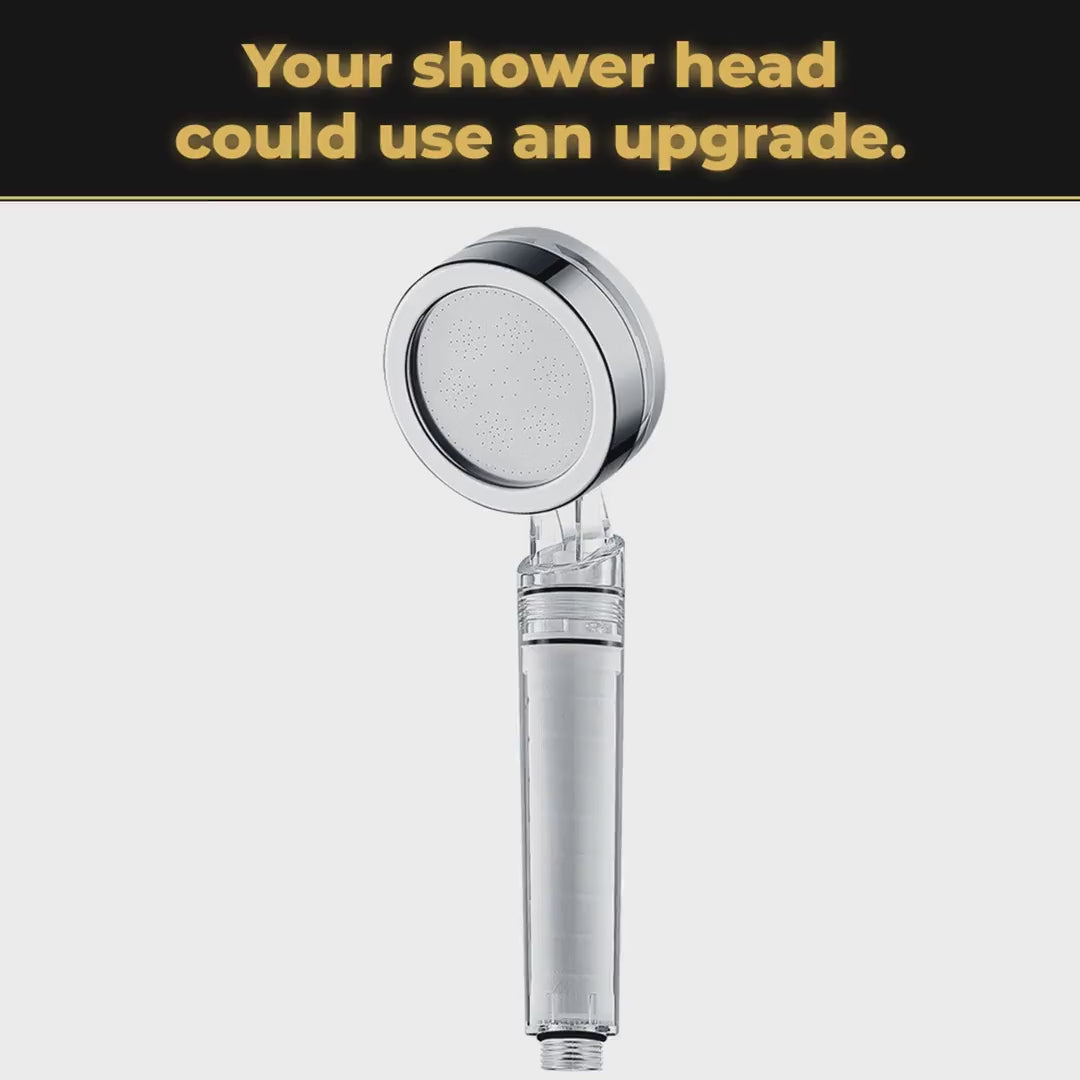Filtered shower head hook video: the product, its air-boost spray, universal hose connector and replaceable filter cartridge
