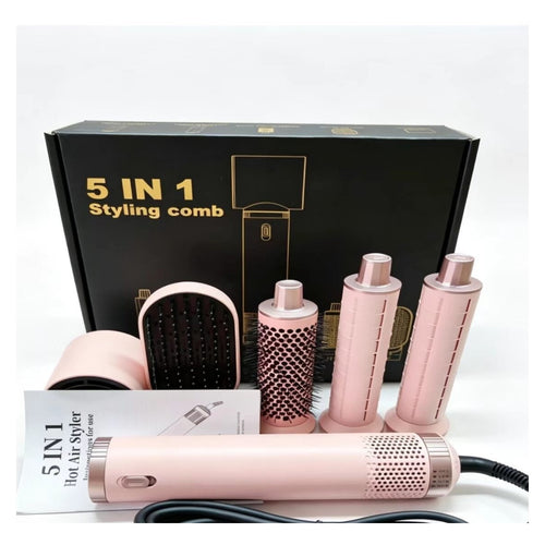 5-in-1 hot air styler in pink: handle, dryer nozzle, smoothing brush, round brush, two curling barrels and instruction leaflet in front of the black 5 IN 1 box